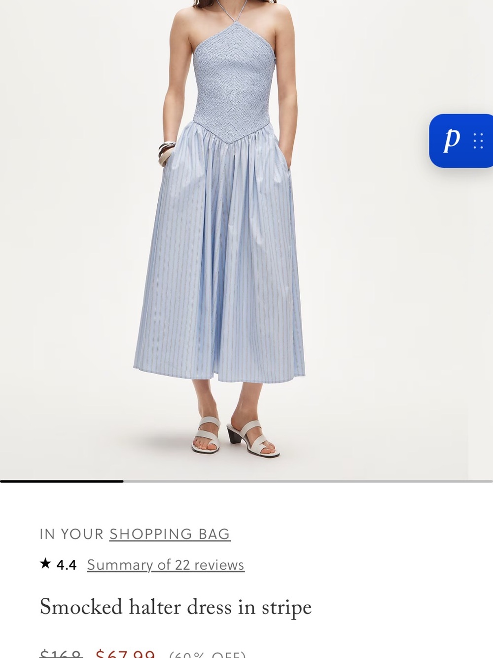 J. Crew Light Blue Striped Smocked Halter Midi Dress